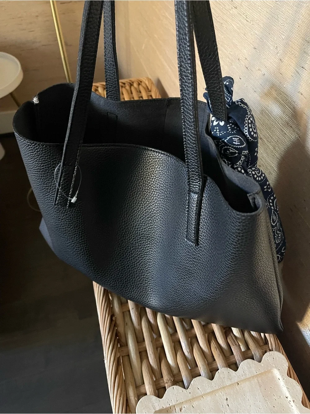 Vince Camuto Black Leather Tote with Gray Center Stripe
